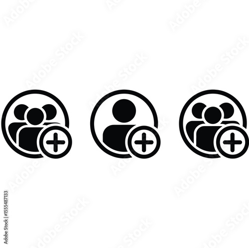 Add new user icon set. Person profile avatar with plus. Add user profile icon. Male person profile avatar in black colors. Vector illustration.

