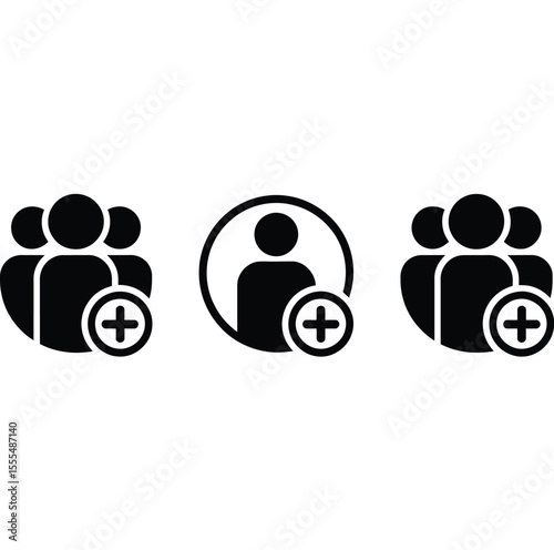 Add new user icon set. Person profile avatar with plus. Add user profile icon. Male person profile avatar in black colors. Vector illustration.
