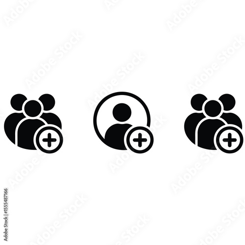 Add new user icon set. Person profile avatar with plus. Add user profile icon. Male person profile avatar in black colors. Vector illustration.
