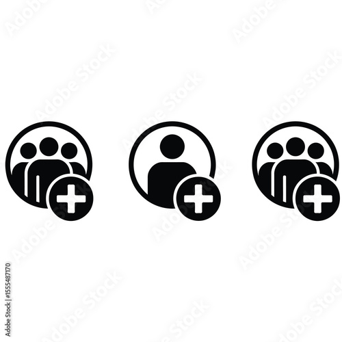 Add new user icon set. Person profile avatar with plus. Add user profile icon. Male person profile avatar in black colors. Vector illustration.
