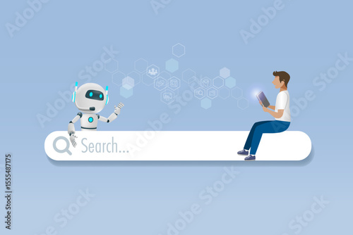 Man sitting on web searching bar with AI chat robot Artificial Intelligence innovation technology provide smart information and solution in research and development. Digital search engine. Vector.