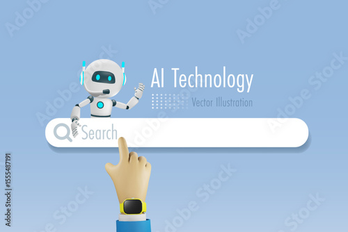 Hand touch web searching bar with AI chat robot Artificial Intelligence innovation technology provide smart information and solution in research and development. Vector.