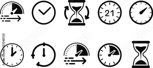 Set of timer icon set. Timer icon collection. Symbol timer. Countdown timers. Stopwatch symbol. Fast time icon. Circle arrow icon. Vector illustration
