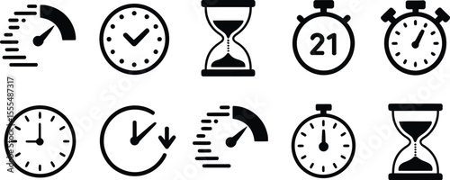 Set of timer icon set. Timer icon collection. Symbol timer. Countdown timers. Stopwatch symbol. Fast time icon. Circle arrow icon. Vector illustration
