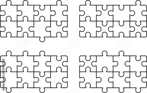 Puzzles grid - blank template. Puzzle pieces vector set. Puzzle jigsaw on white background. Set of puzzle pieces. Vector illustration
