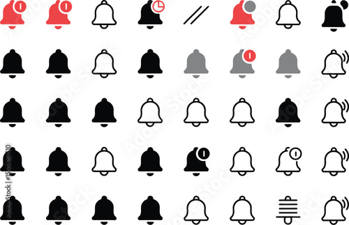 Notification bell big icon set. Notice message. Alarm symbol. Incoming inbox message. New message notification icons. Set of ringing bells with new notification. Vector illustration. 