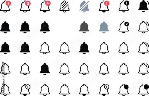 Notification bell big icon set. Notice message. Alarm symbol. Incoming inbox message. New message notification icons. Set of ringing bells with new notification. Vector illustration. 