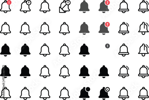 Notification bell big icon set. Notice message. Alarm symbol. Incoming inbox message. New message notification icons. Set of ringing bells with new notification. Vector illustration. 