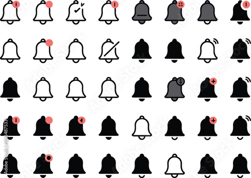 Notification bell big icon set. Notice message. Alarm symbol. Incoming inbox message. New message notification icons. Set of ringing bells with new notification. Vector illustration. 