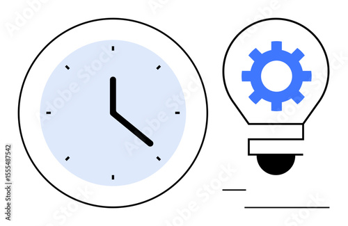 Clock with bold hands next to light bulb featuring a gear inside, symbolizing productivity, efficiency, innovation, and planning. Ideal for time management, creativity, workflow, automation
