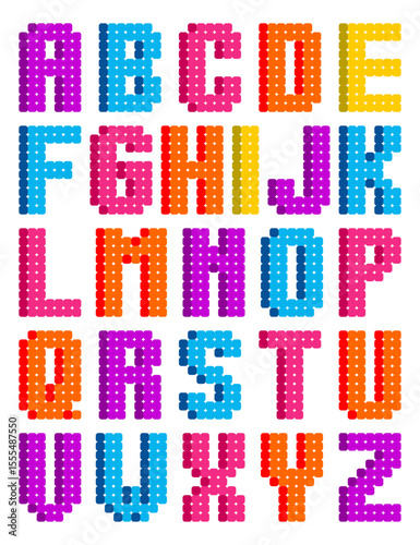 Colorful pixel bead alphabet vector design, featuring A to Z capital letters in vibrant backgrounds. Perfect for educational materials, kids crafts, games, and playful graphic projects.