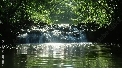Small waterfall cascading into a tranquil pool, surrounded by lush greenery.