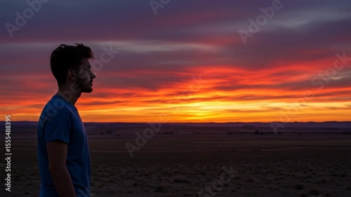 Young Man Standing Silhouetted Against Vibrant Sunset Over Open Field