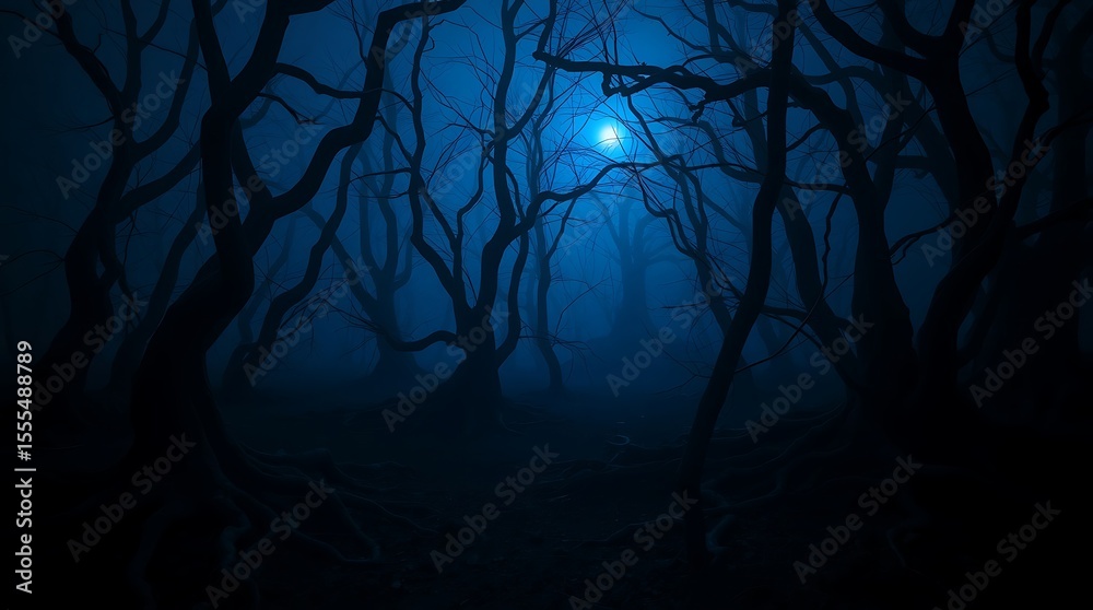 Obraz premium A spooky forest scene with bare trees silhouetted against a blue moonlit and foggy background at night