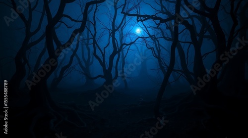 A spooky forest scene with bare trees silhouetted against a blue moonlit and foggy background at night