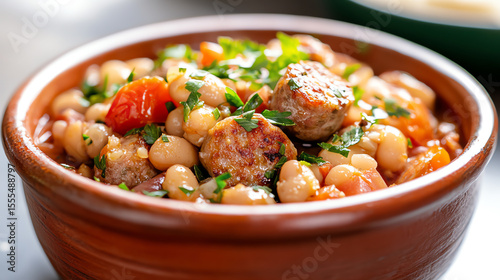 A delicious bowl of hearty bean stew with savory meatballs, garnished with fresh herbs and ripe tomatoes.
