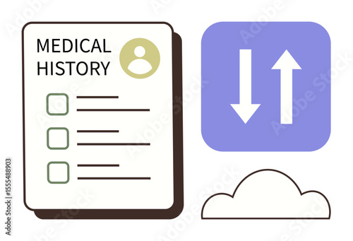 Document with a medical history list next to cloud icon and data transfer arrows. Ideal for healthcare, medical data, cloud storage, digital records, telemedicine, technology, innovation. Represents