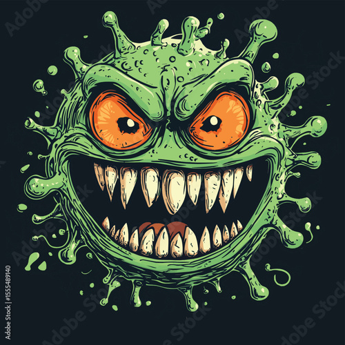 cool illustration scary evil green monster virus with big orange eyes and evil smile, vector style simple color