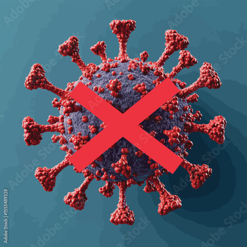 Coronavirus 2019-nCoV warning. Abstract virus strain model. Novel coronavirus is crossed out with red STOP sign, vector style simple color