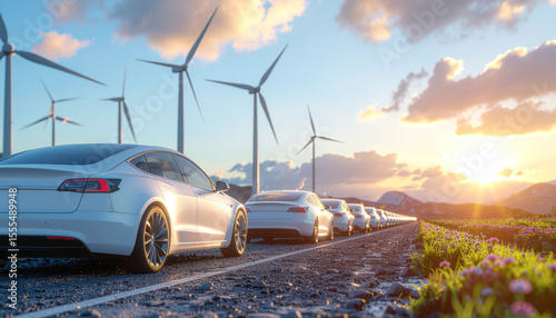 Row of electric vehicles drives along road lined with wind turbines, symbolizing clean energy transformation and sustainability. sunset sky adds serene atmosphere