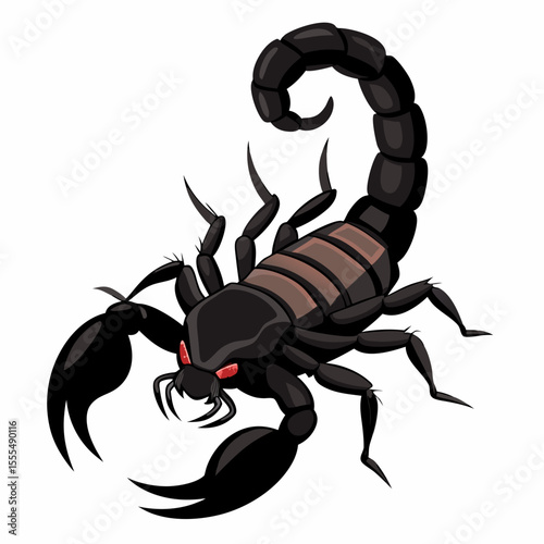 Fierce black scorpion with red eyes and curled tail ready to strike