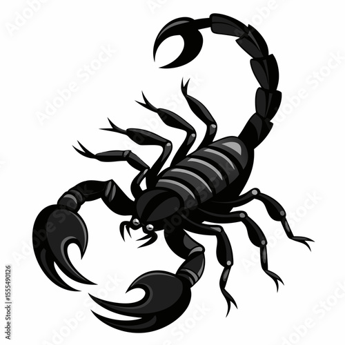 Stylized black scorpion illustration with raised tail and claws on a white background