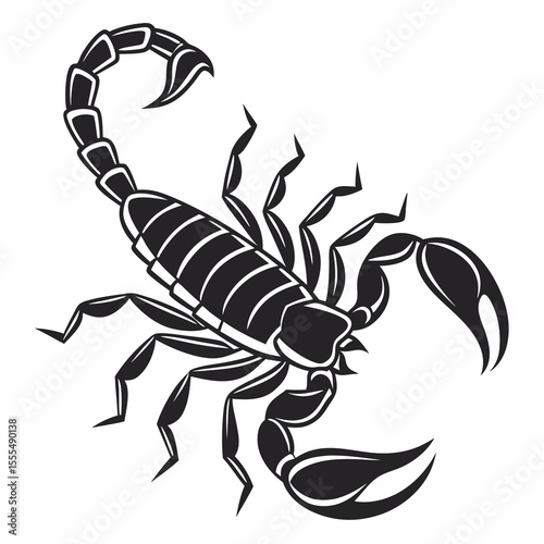 Stylized black and white illustration of a scorpion with raised tail and claws