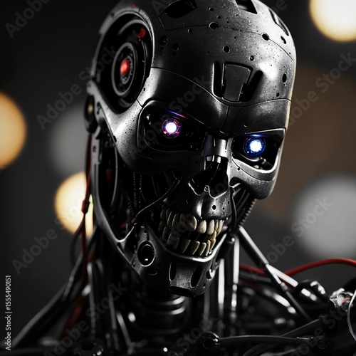 Hyper-Real Close-Up of a Menacing Black Robot in Cinematic Lighting