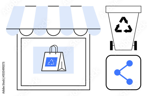 Shopping bag with recycling logo in storefront, waste bin with recycling sign, and share icon. Ideal for sustainability, eco-friendly choices, recycling, waste management, digital sharing