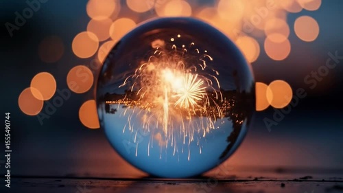 Fireworks Display Reflected in a Crystal Ball with Bokeh Effect