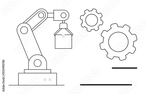 Robotic arm lifting object next to mechanical gears, representing manufacturing, automation, and industry. Ideal for technology, engineering, innovation, robotics, AI industrial design simple