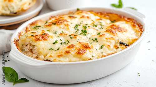 Delicious and creamy lasagna topped with melted cheese, a comforting dish perfect for family gatherings or dinner parties.