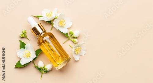 Jasmine essential oil dropper bottle with white flowers, natural skincare serum, botanical aromatherapy oil product, spa treatment accessories, beige background, organic cosmetic, close-up, flat lay