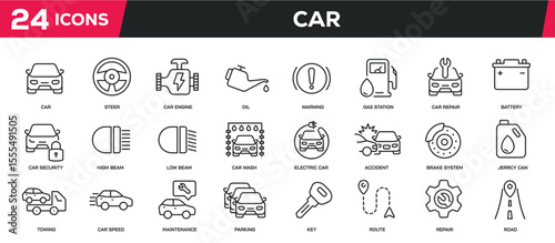 Set of collection line icons related car, automobile, transportation. Editable stroke. Perfect pixel on transparent background