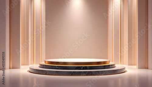 Golden spotlight podium with marble texture for premium brand showcasing