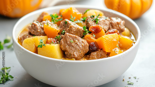 Delicious, hearty stew with tender meat, vegetables, and spices, garnished with fresh herbs for a comforting meal.