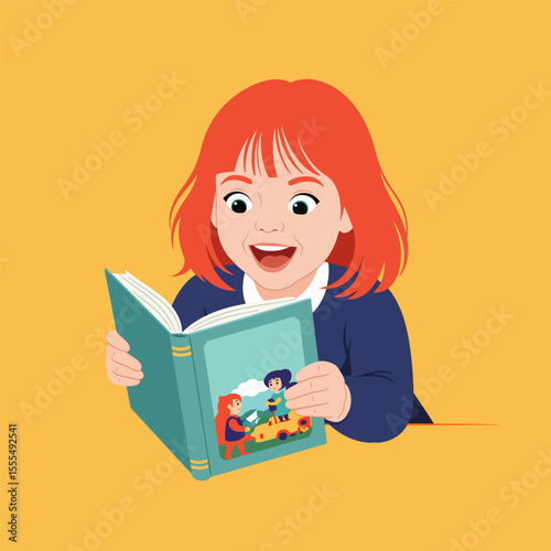 Young girl engrossed in reading a colorful storybook with excitement