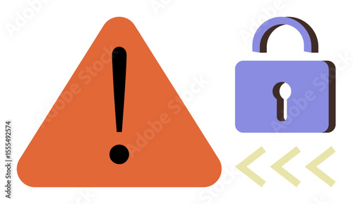Orange triangle with exclamation mark next to padlock and directional arrows. Ideal for cybersecurity, caution, risk assessment, digital safety, data security, online protection, simple flat metaphor