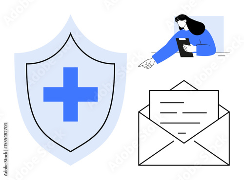 Shield with health cross symbolizes protection, open envelope represents communication, and professional consulting via digital tablet highlights accessibility. Ideal for healthcare, insurance