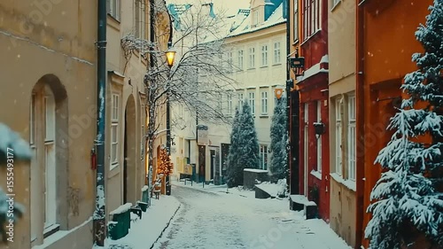 Snowy lane with christmas lights