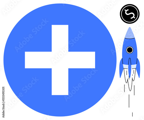 Blue plus symbol and rocket soaring upwards with dollar coin, reflecting financial growth, progress, and innovation. Ideal for business, startups, finance, investment, technology healthcare