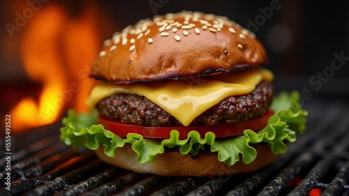 Delicious Burger with Cheese on a Hot Grill Close Up