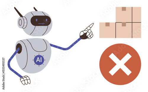 Humanoid robot with AI badge gesturing towards carton boxes and a red cross indicating error or rejection. Ideal for technology, automation, logistics, quality control, robotics, decision-making