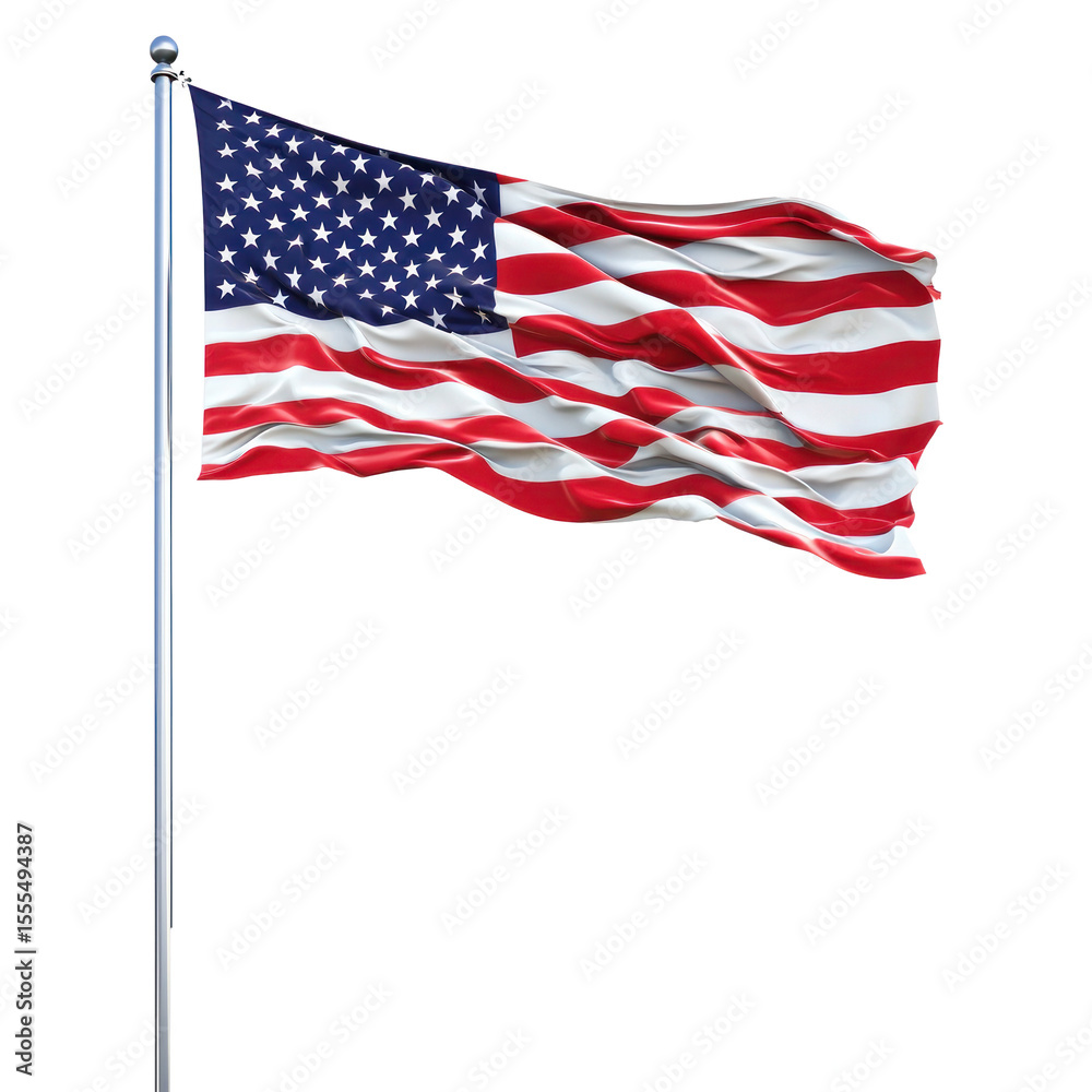 Fototapeta premium A waving American flag on a flagpole against a white background.