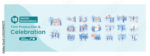 Set of illustrations depicting film production activities and celebrations. Mega set.