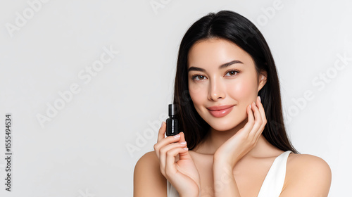 Beautiful Asian Woman Holding Skincare Serum Bottle - Beauty Product and Skincare Routine Concept