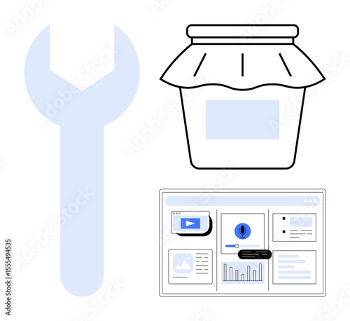 Data dashboard with charts, wrench tool for customization, and jar symbol for product or storage concept. Ideal for analytics, customization, tools, storage, planning design productivity. Simple