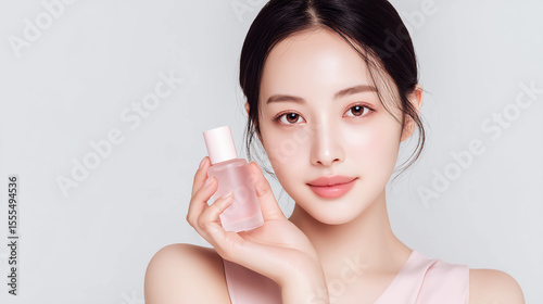 Beautiful Asian Woman Holding Skincare Serum Bottle - Beauty Product and Skincare Routine Concept