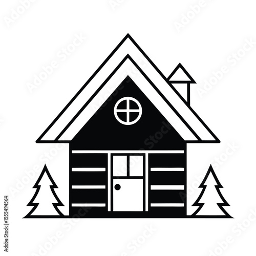 Charming wooden chalet style christmas house illustration with festive red roof and snow on a clean white background