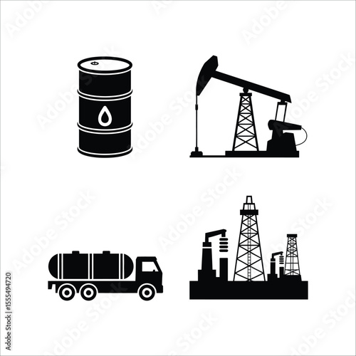 Oil industry vector set: barrel, pumpjack, tanker truck and refinery silhouette illustration design